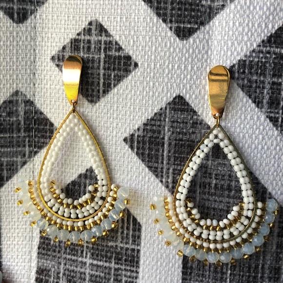 Gold teardrop earrings with white & gold beads - Picture 2 of 9